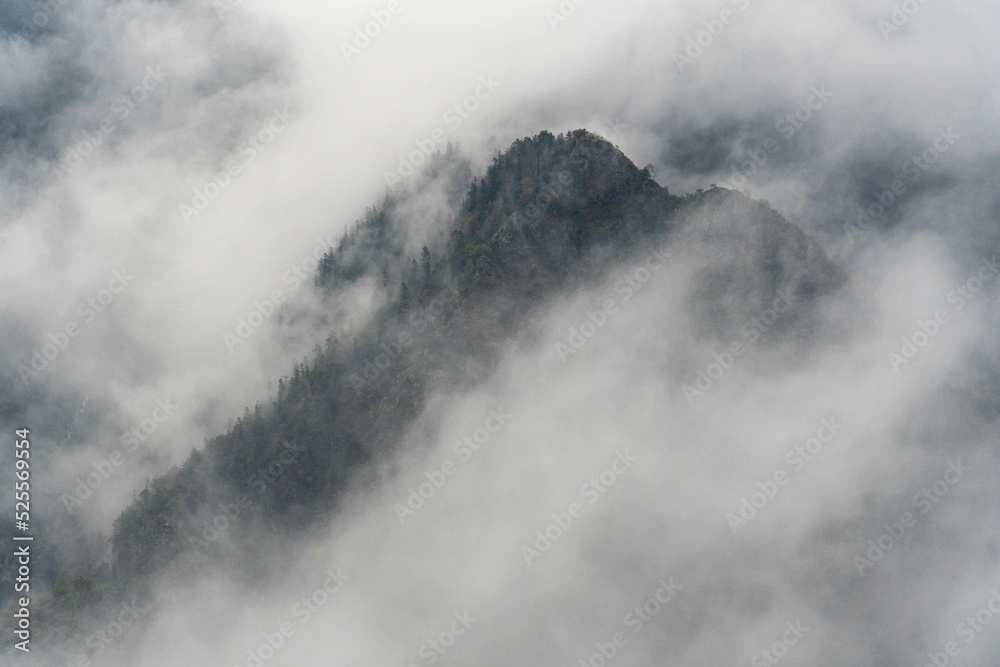 Dark forest mountain immersed in clouds and fog, Val Grande, Italy Dark forest mountain immersed in clouds and fog, Val Grande, Italy