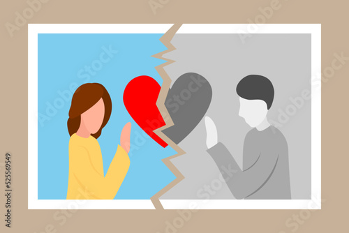 Divorce icon. Torn photo of couple in love. Break up. End of family life. Separation ex-wife and husband. Crisis relationship. Unhappy love. Vector flat illustration