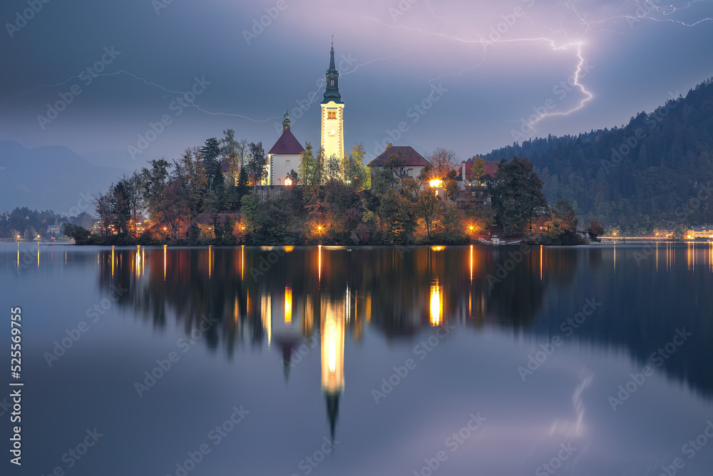 Astonishing night view of popular tourist destination  Bled lake.