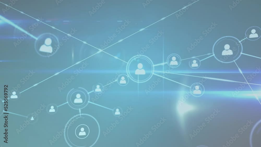Animation of network of connections with people icons over glowing spots
