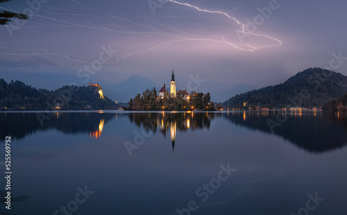 Astonishing night view of popular tourist destination Bled lake.