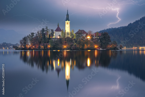 Astonishing night view of popular tourist destination Bled lake.