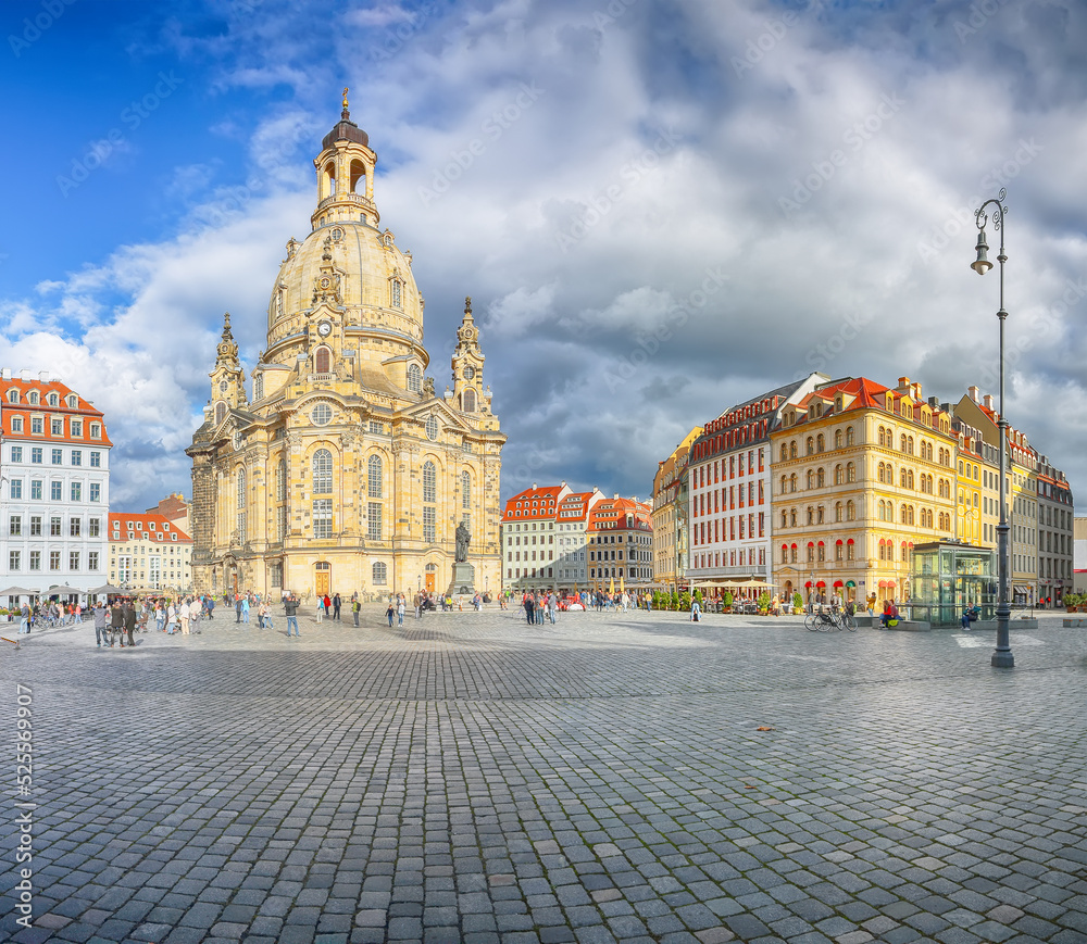Breathtaking view of  of Baroque church - Frauenkirche at Neumarkt square in downtown of Dresden.