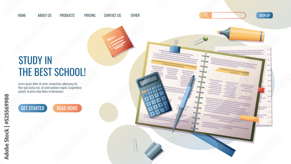 Landing page template with school notebook, notes, calculator.Back to school landing page template. Concept web design, website page development. Isolated vector illustration. Modern background design Landing page template with school notebook, notes, calculator.Back to school landing page template. Concept web design, website page development. Isolated vector illustration. Modern background design