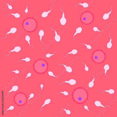 In vitro fertilisation seamless pattern. Medical, biological and health care background with moving spermatozoon and female eggs. Vector illustration