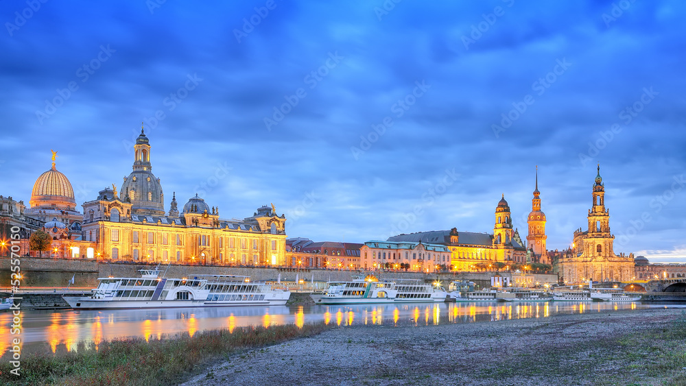 Sunset on Elbe river with panorama of Cathedral of the Holy Trinity or Hofkirche, Bruehl's Terrace or The Balcony of Europe
