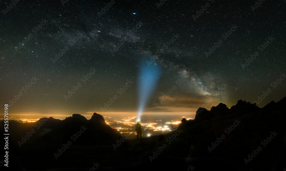 Panoramic virw of man looking at valley under the milky way in Alpstein, Switzerland Panoramic virw of man looking at valley under the milky way in Alpstein, Switzerland