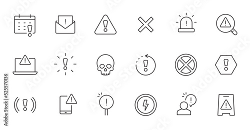 Alert, risk sign line icon set. Caution, warning, exclamation mark thin editable line stroke icon. Alert information, accident notification vector illustration.