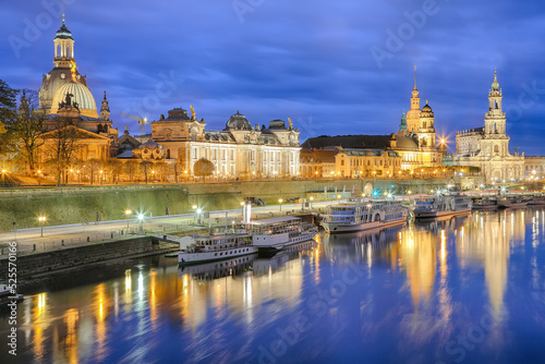 unset on Elbe river with panorama of Cathedral of the Holy Trinity or Hofkirche  Bruehl s Terrace or The Balcony of Europe