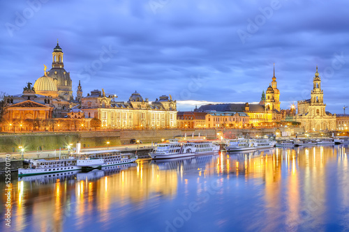 Sunset on Elbe river with panorama of Cathedral of the Holy Trinity or Hofkirche  Bruehl s Terrace or The Balcony of Europe