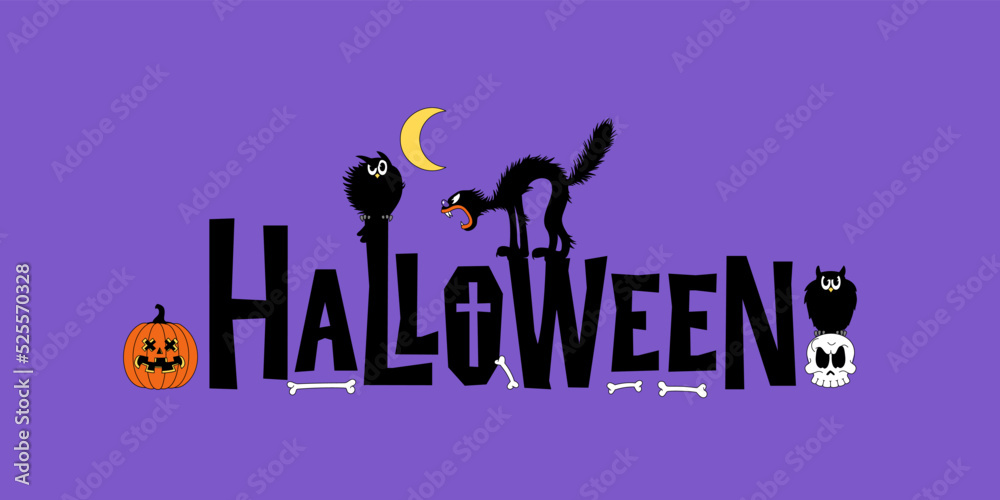 Halloween vector lettering for banner, poster, greeting card, party invitation. Illustration in funny comic style, flat design.