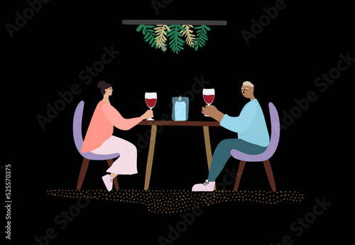 date night diverse couples enjoying a romantic dinner indoors or outdoors. young woman and young man are sitting at the table drinking wine and flirting