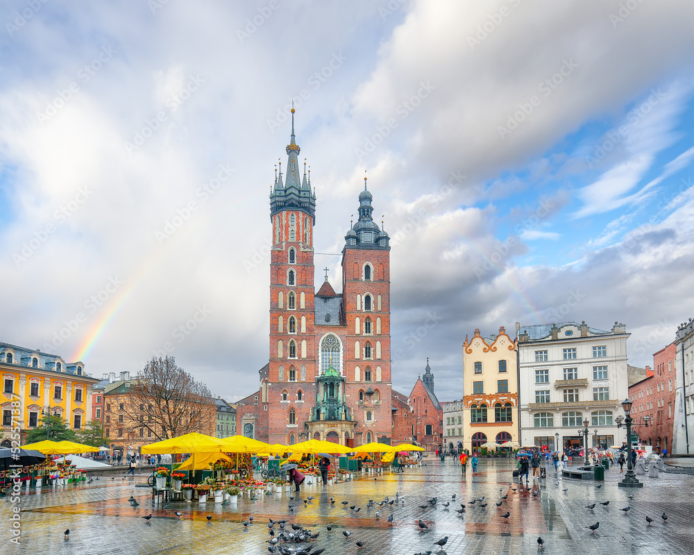 Astonishing cityscape of Krakow with St. Mary's Basilica on Main Square.