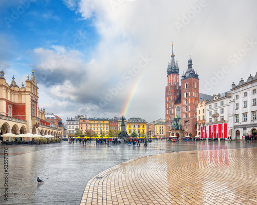 Amazing cityscape of Krakow with St. Mary's Basilica on Main Square.