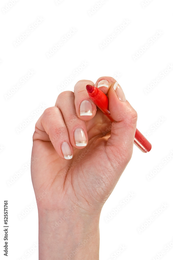 Hand holding red marker and drawing something Hand holding red marker and drawing something