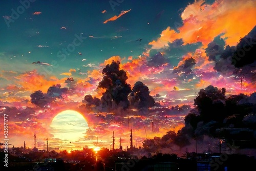 sunset over the city, sunset themed anime style background using Generative AI