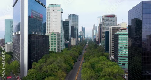 Mexico City, CDMX, Mexico, OCT, 16 2021, drone view of Paseo de La Reforma avenue, landmark in Mexico City, sky with clouds