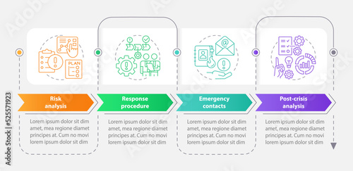 Crisis management plan rectangle infographic template. Data visualization with 4 steps. Editable timeline info chart. Workflow layout with line icons. Myriad Pro-Bold, Regular fonts used