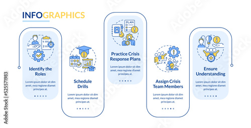 Crisis management team blue rectangle infographic template. Teamwork. Data visualization with 5 steps. Editable timeline info chart. Workflow layout with line icons. Lato-Bold, Regular fonts used