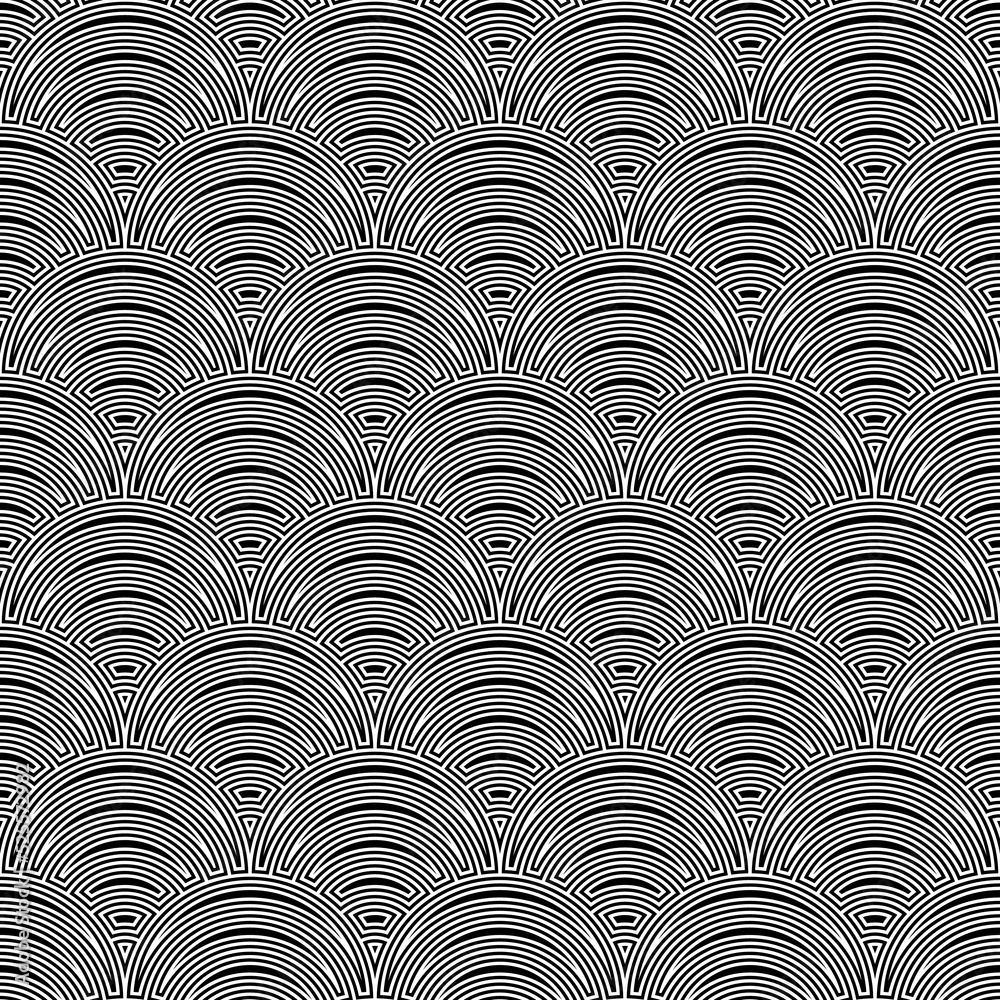 Fish scale wallpaper. Asian traditional ornament with repeated scallops. Repeated black triangular and circular shapes on white background. Seamless surface pattern design with scales. Squama motif.