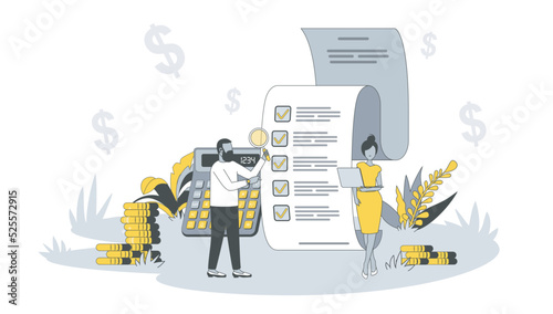 Accounting concept in flat design with people. Man and woman calculating financial data, analyzing and manage balance, consulting and auditing. Vector illustration with character scene for web banner