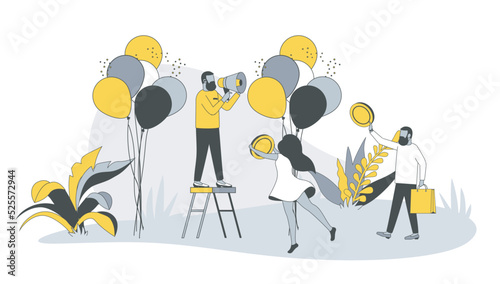Advertising concept in flat design with people. Man with megaphone attracting customers, making success promo campaign and promote business. Vector illustration with character scene for web banner