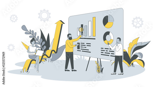 Analytics concept in flat design with people. Men and woman analyzing and researching business data, work with financial graph at dashboard. Vector illustration with character scene for web banner