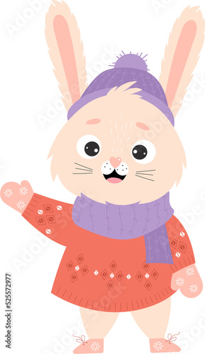 Cute Winter cartoon rabbit in knitted hat, scarf, Christmas sweater and mittens with snowflakes. Illustration. 2023 Year of the Rabbit