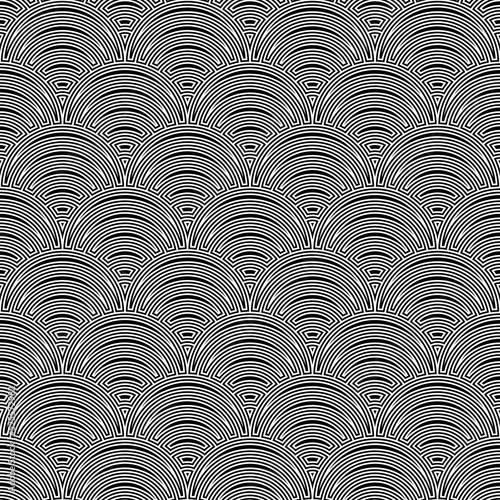 Fish scale wallpaper. Asian traditional ornament with repeated scallops. Repeated black triangular and circular shapes on white background. Seamless surface pattern design with scales. Squama motif.