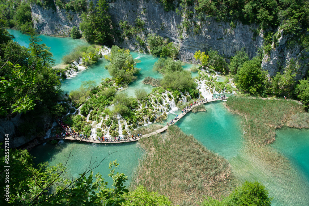 Beautiful paradise. Blue lake and waterfall in the forest, Plitvice lakes, Croatia.