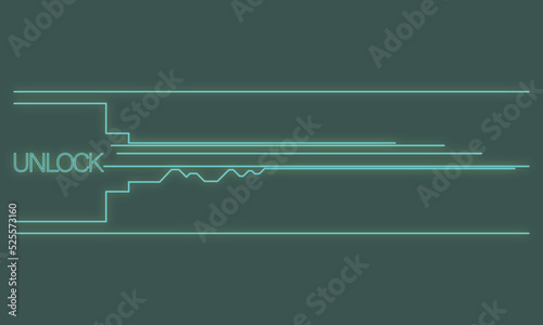 Unlock : Neon style illustration of an imaginary key with glowing lines.