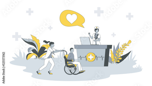 Clinic center concept in flat design with people. Nurse works at reception, assistant helps person with disability in wheelchair with recovery. Vector illustration with character scene for web banner