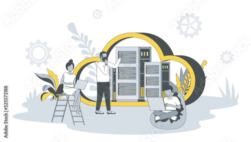 Cloud computing concept in flat design with people. Man and woman using laptops for downloading files from cloud storage, working with database. Vector illustration with character scene for web banner