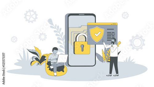 Data protection concept in flat design with people. Men work in security service and protect online data from phishing and hacking in apps. Vector illustration with character scene for web banner