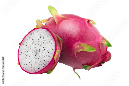 ripe dragon fruit with half, isolated on white background. with clipping path