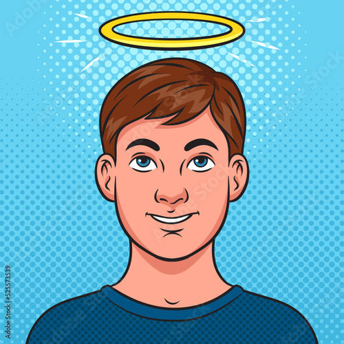 Kid teen with halo over her head pop art retro vector illustration. Comic book style imitation.