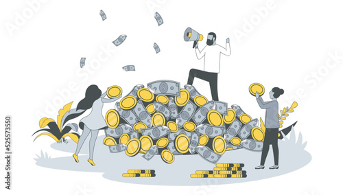 Finance concept in flat design with people. Woman and man earned lot of cash and coins, celebrate increase in profits and financial success. Vector illustration with character scene for web banner