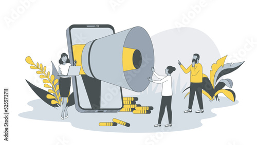 Marketing concept in flat design with people. Woman with megaphone making advertising campaign, attract new customers and convert into sales. Vector illustration with character scene for web banner