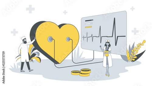 Medicine concept in flat design with people. Doctor cardiologist examines heart and makes cardiogram, nurse writes prescription for medicines. Vector illustration with character scene for web banner