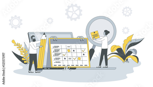 Planning concept in flat design with people. Man and woman schedule appointments on calendar, mark tasks on list and organize office workflow. Vector illustration with character scene for web banner