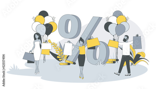 Shopping concept in flat design with people. Man and woman buy goods in stores at sale. Customers with bags making purchases at discount prices. Vector illustration with character scene for web banner