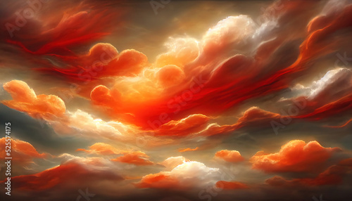 Fiery orange dramatic sunset sky. Colorful colors of dawn. Incredible beauty. A beautiful and colorful abstract nature background. Illustration 3d