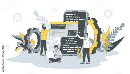 Software development concept in flat design with people. Men writing, settings and testing code, developing programs and applications in team. Vector illustration with character scene for web banner