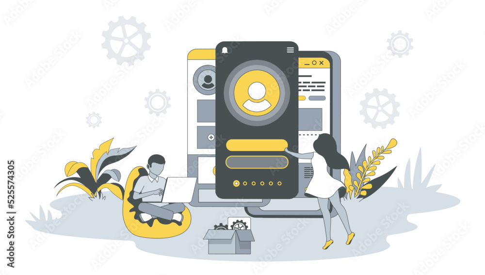 UI UX layouts design concept in flat design with people. Man and women create user interface on mobile screen and optimize places of buttons. Vector illustration with character scene for web banner UI UX layouts design concept in flat design with people. Man and women create user interface on mobile screen and optimize places of buttons. Vector illustration with character scene for web banner
