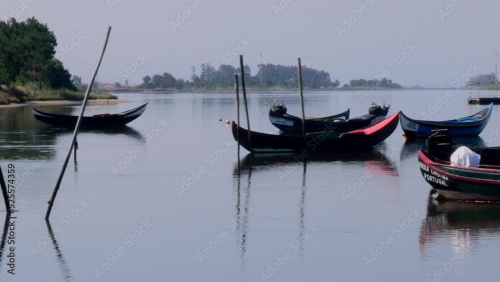 Traditional boats from Ovar moored in the river with the tranquility and fog of the dawn, beautiful postcard video Traditional boats from Ovar moored in the river with the tranquility and fog of the dawn, beautiful postcard video