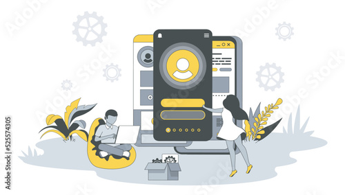 UI UX layouts design concept in flat design with people. Man and women create user interface on mobile screen and optimize places of buttons. Vector illustration with character scene for web banner