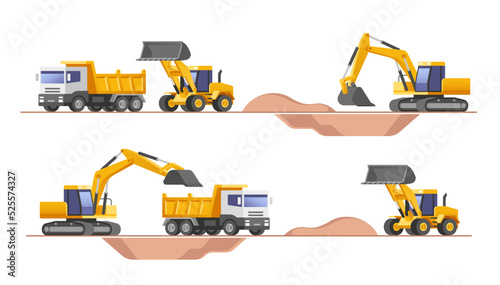 Set of building machines. Construction equipment and machinery - excavator, truck, loader. Vector illustrations.