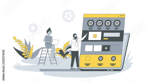 Web development concept in flat design with people. Man and women create site layout, place blocks with content and buttons, working in team. Vector illustration with character scene for web banner