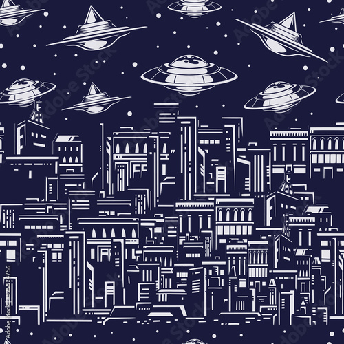 UFO attack seamless pattern monochrome