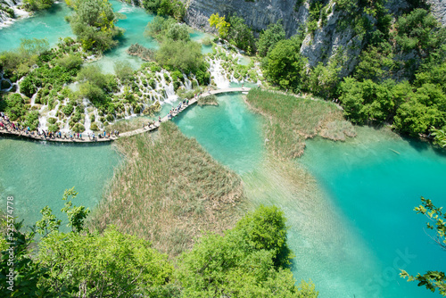 Beautiful paradise. Blue lake and cascade in the forest, Plitvice lakes, Croatia.